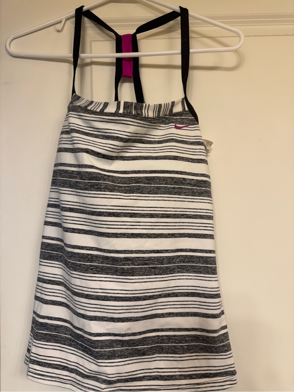 Nike Women’s Black & White Striped Swim Dress with Pink Accent